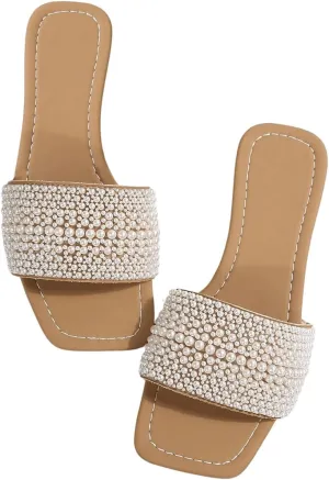 GORGLITTER Women's Pearls Flat Sandals Square Open Toe Summer Slip On Slide Sandals
