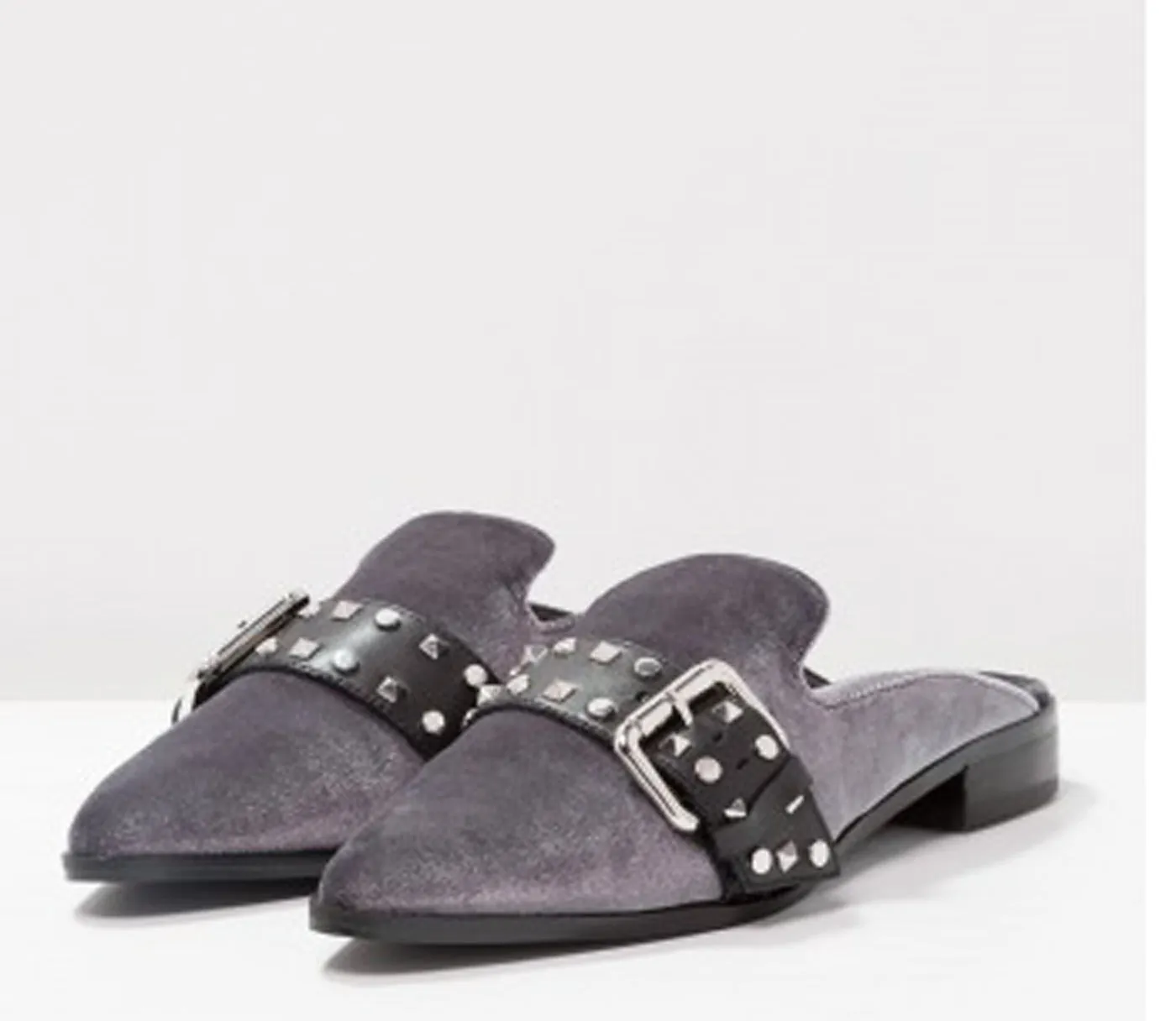 Grey Velvet Shellys Buckle Elon Mules Flats Metal Toe Slides Pointed London Global reach Verified