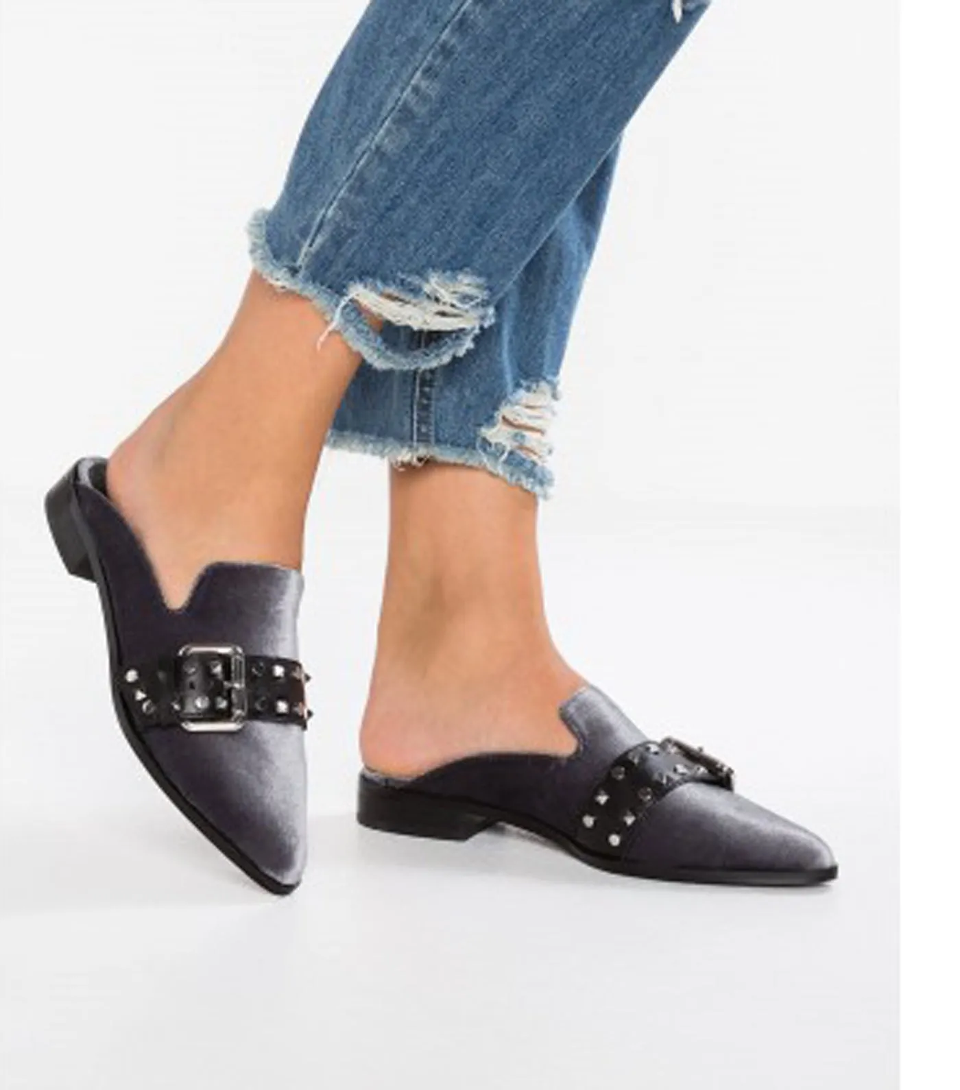 Grey Velvet Shellys Buckle Elon Mules Flats Metal Toe Slides Pointed London Global reach Verified