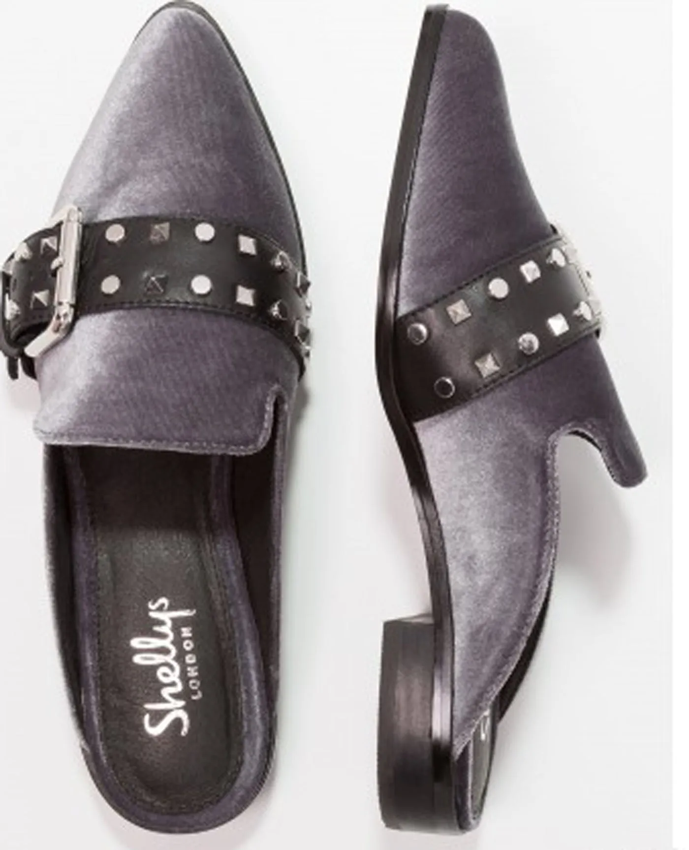 Grey Velvet Shellys Buckle Elon Mules Flats Metal Toe Slides Pointed London Global reach Verified