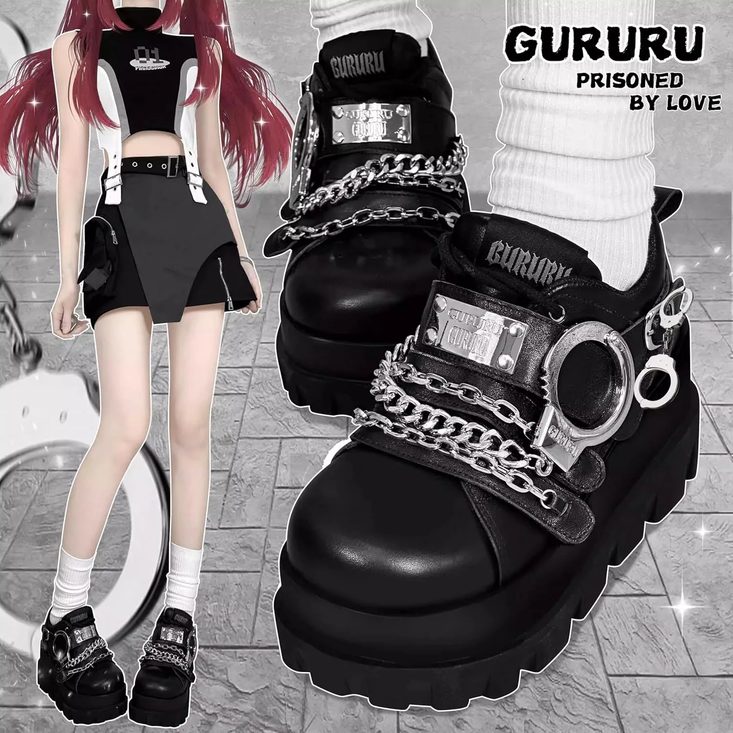 GURURU Women's Goth Boots Punk Black Metallic Goth Platform Chunky Ankle Boots Thick Sole Goth Boots Designer Shoes