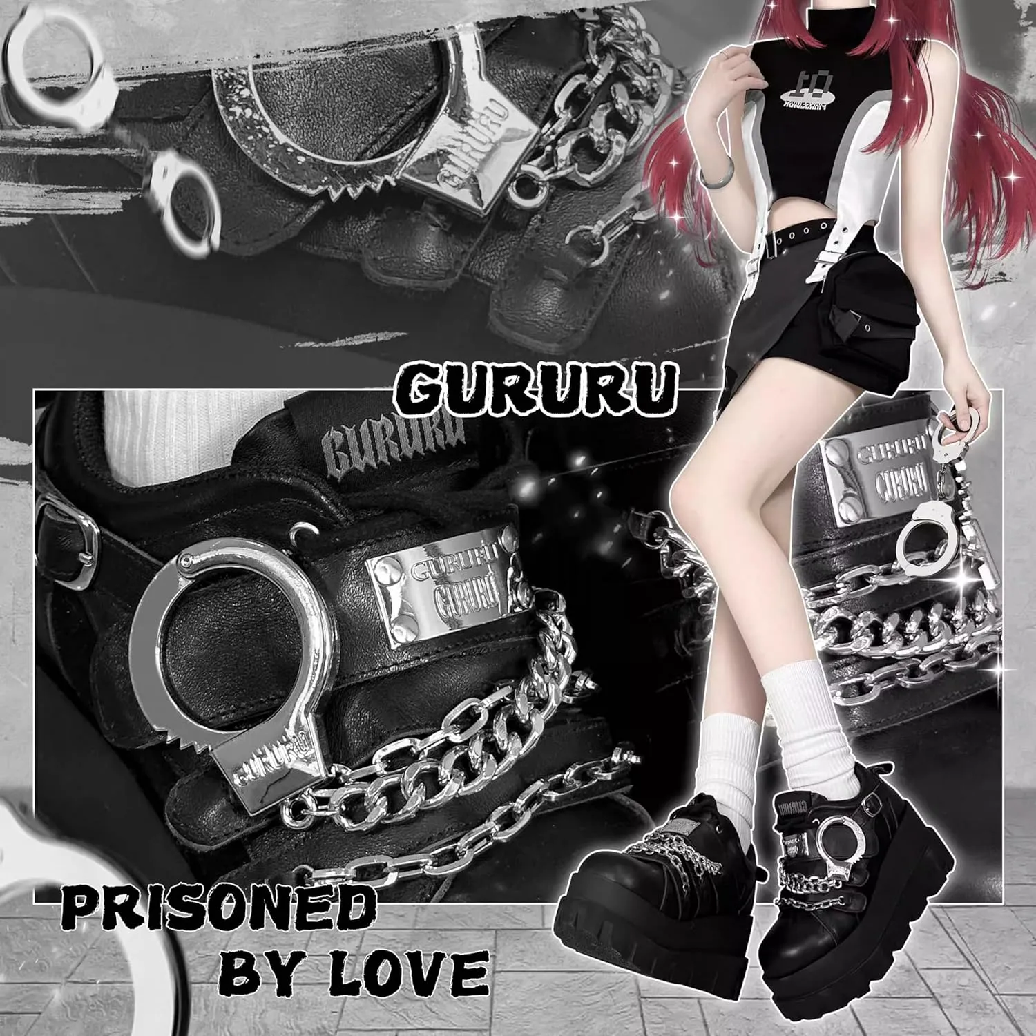 GURURU Women's Goth Boots Punk Black Metallic Goth Platform Chunky Ankle Boots Thick Sole Goth Boots Designer Shoes