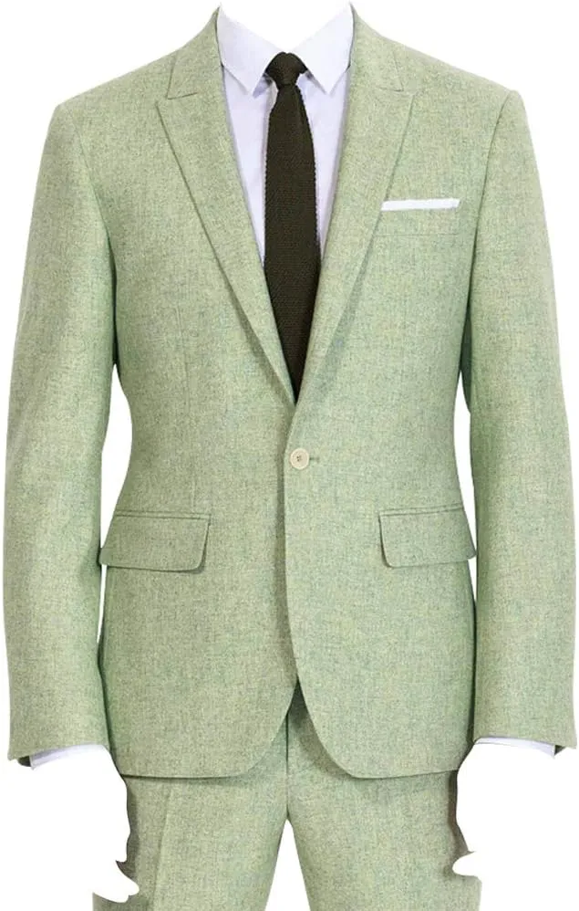 HBDesign Mens 2 Piece 1 Button Flat Collar Suits Yarn Green