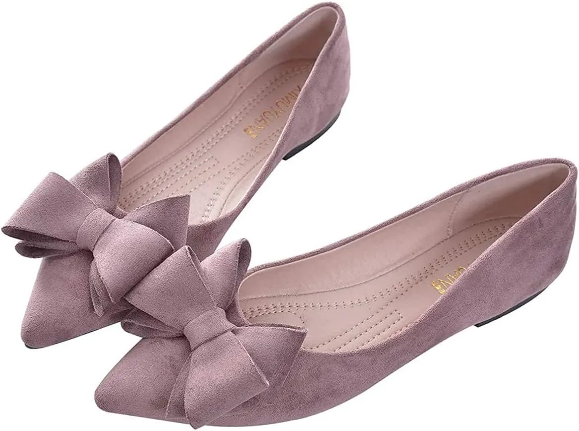 Hee grand Bow-Knot Ballet Flats Classic Pointed Toe Suede Dress Shoes Casual Comfort Slip-On Loafers Light Weight Walking Flats