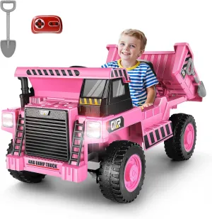 Hikole Ride on Dump Truck for Kids, 12v Electric Car with Remote Control, Electric Dump Bed and Extra Shovel, 4WD Power Car Wheels, Ride On Toys for Kids Girls, Pink