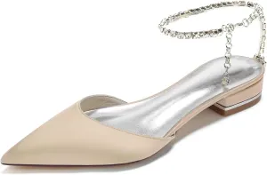 HNVAVQ Women's Ankle Strap Dress Flats Shoes Slip on Pointed Toe Satin Pumps Comfortable Low Heel Wedding Shoes for Bride