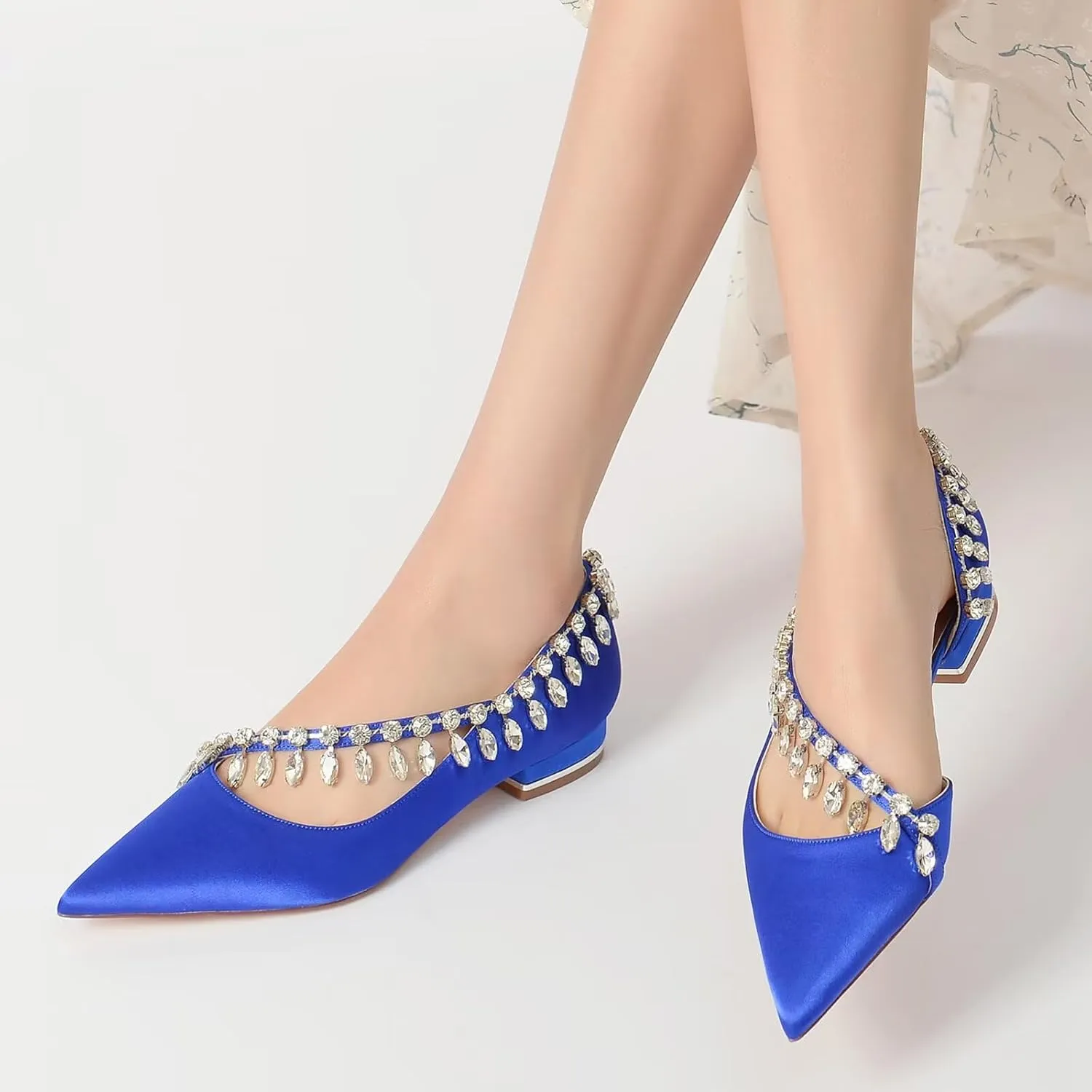 HNVAVQ Women's Satin Wedding Shoes for Bride Flats Pointed Toe Comfortable Bridal Shoes Formal Prom Party Dress Pumps Sandals with Rhinestone