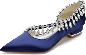 HNVAVQ Women's Satin Wedding Shoes for Bride Flats Pointed Toe Comfortable Bridal Shoes Formal Prom Party Dress Pumps Sandals with Rhinestone
