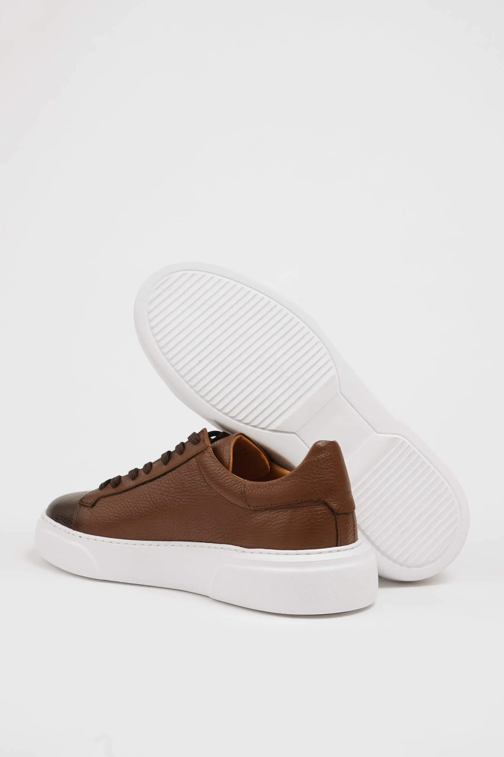 HolloShoe Brown Grained Leather Low-Top Sneakers