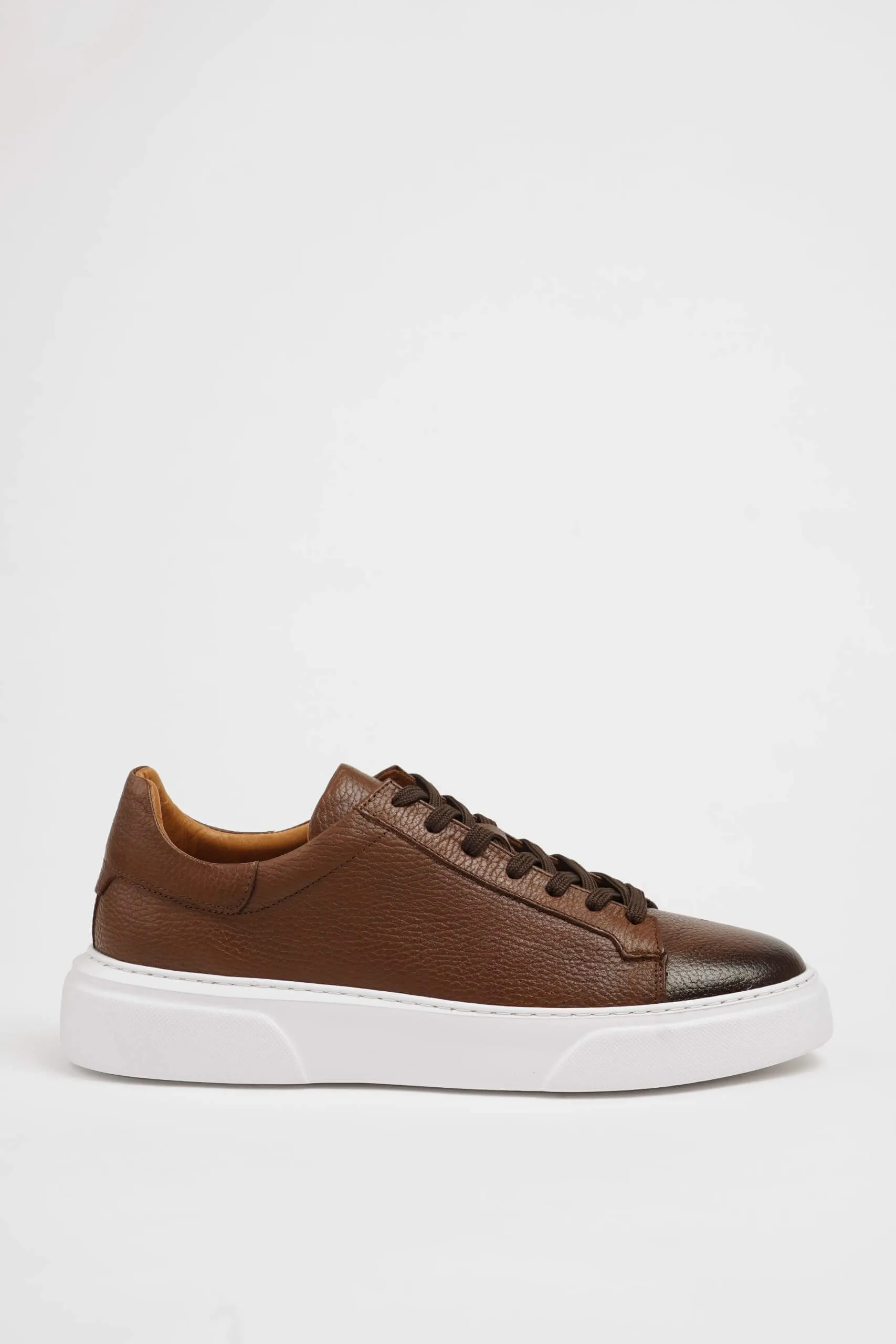 HolloShoe Brown Grained Leather Low-Top Sneakers