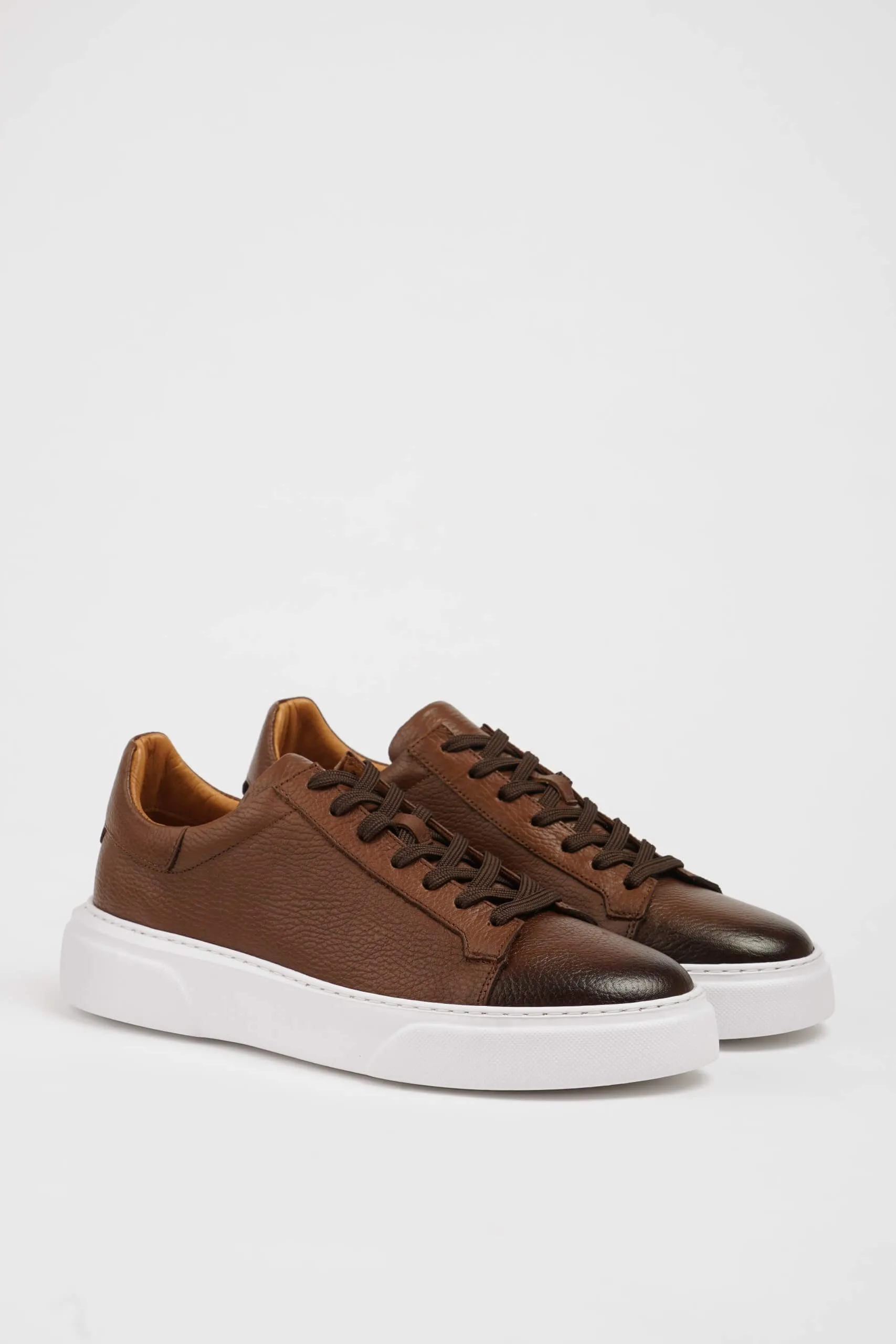 HolloShoe Brown Grained Leather Low-Top Sneakers
