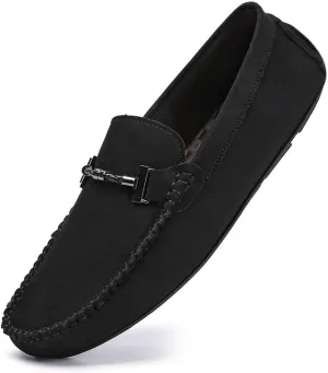 HOOENG Men's Loafers Shoes Round Toe Suede Moccasins Driving Loafers Stitching Details Slip Resistant Comfortable Flat Heel Classic Prom Slip-on (Color : Black, Size : 8.5)