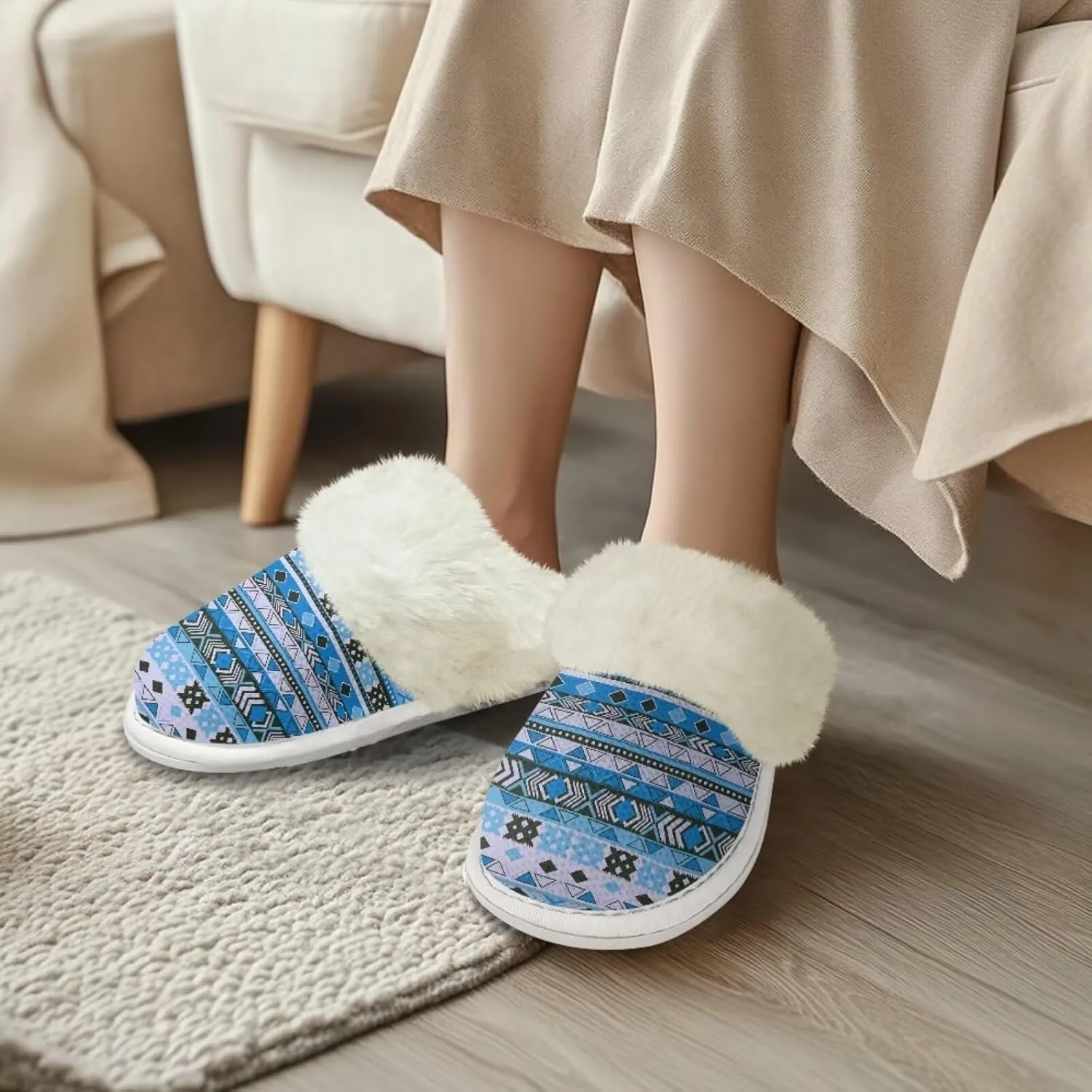 House Slippers Fuzzy Slip-on Slipper for Women Men Southwestern Aztec Slippers Warm Comfy Slippers Home Shoes