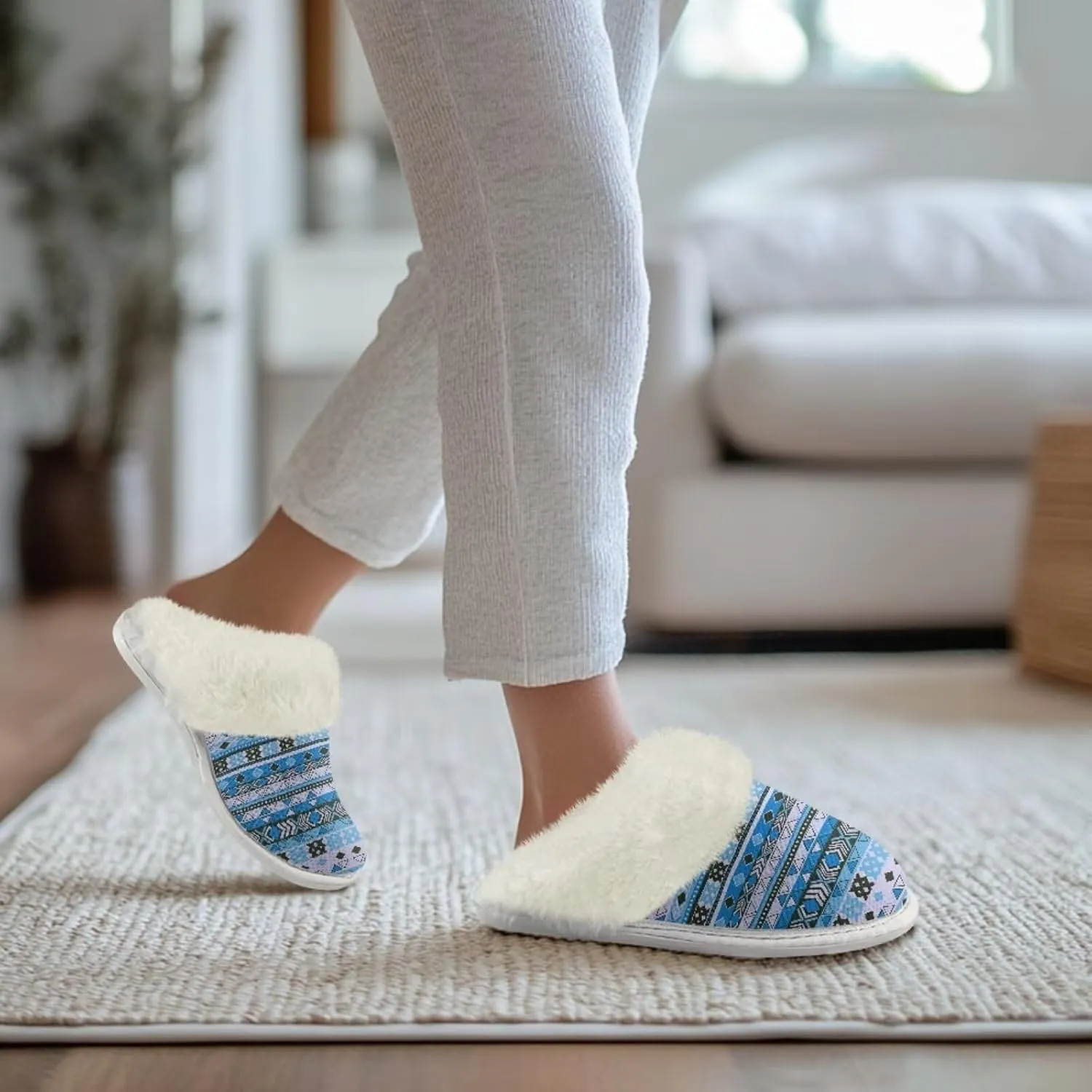 House Slippers Fuzzy Slip-on Slipper for Women Men Southwestern Aztec Slippers Warm Comfy Slippers Home Shoes