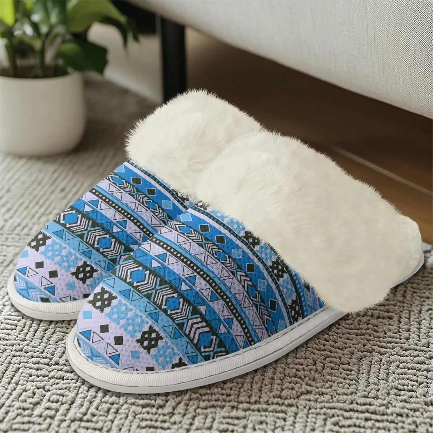 House Slippers Fuzzy Slip-on Slipper for Women Men Southwestern Aztec Slippers Warm Comfy Slippers Home Shoes