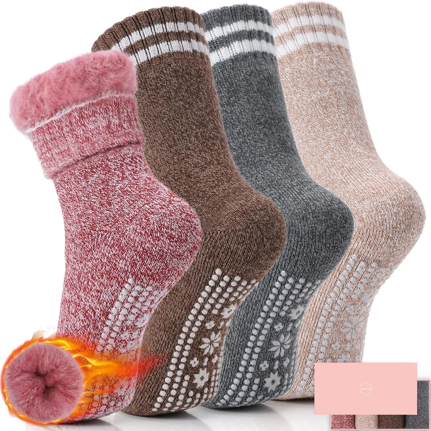 HUGSWEET Thermal Socks, Anti Slip Hospital Socks Women Winter Soft Warm Cozy Fluffy Plush Slipper Grip Sock For 4 Pairs