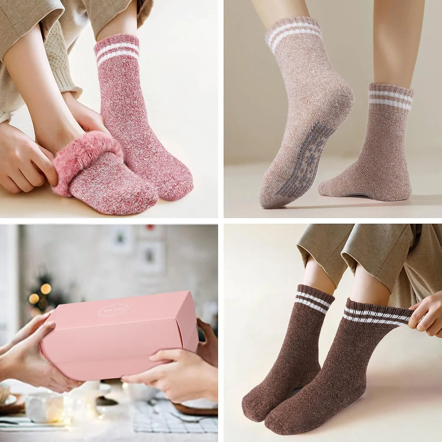 HUGSWEET Thermal Socks, Anti Slip Hospital Socks Women Winter Soft Warm Cozy Fluffy Plush Slipper Grip Sock For 4 Pairs