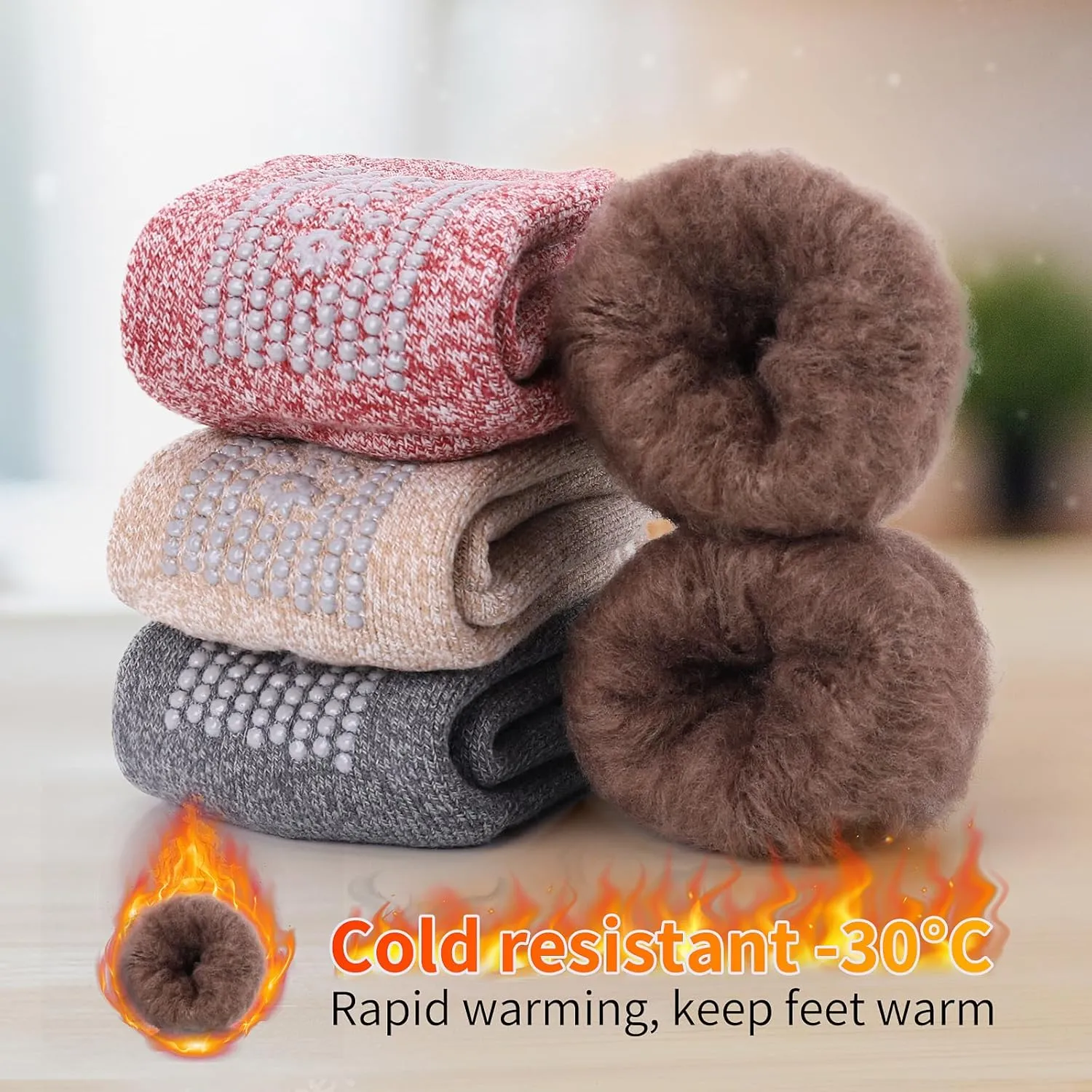 HUGSWEET Thermal Socks, Anti Slip Hospital Socks Women Winter Soft Warm Cozy Fluffy Plush Slipper Grip Sock For 4 Pairs