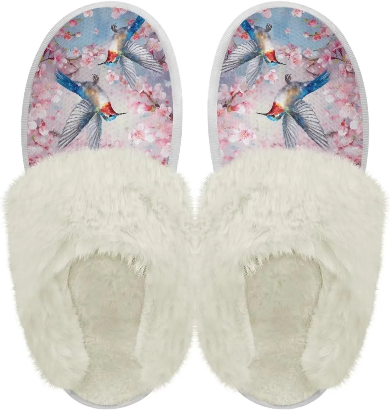 Hummingbird Birds Print Fuzzy Slippers for Women Warm House Home Slippers Slip-On Bedroom Shoes