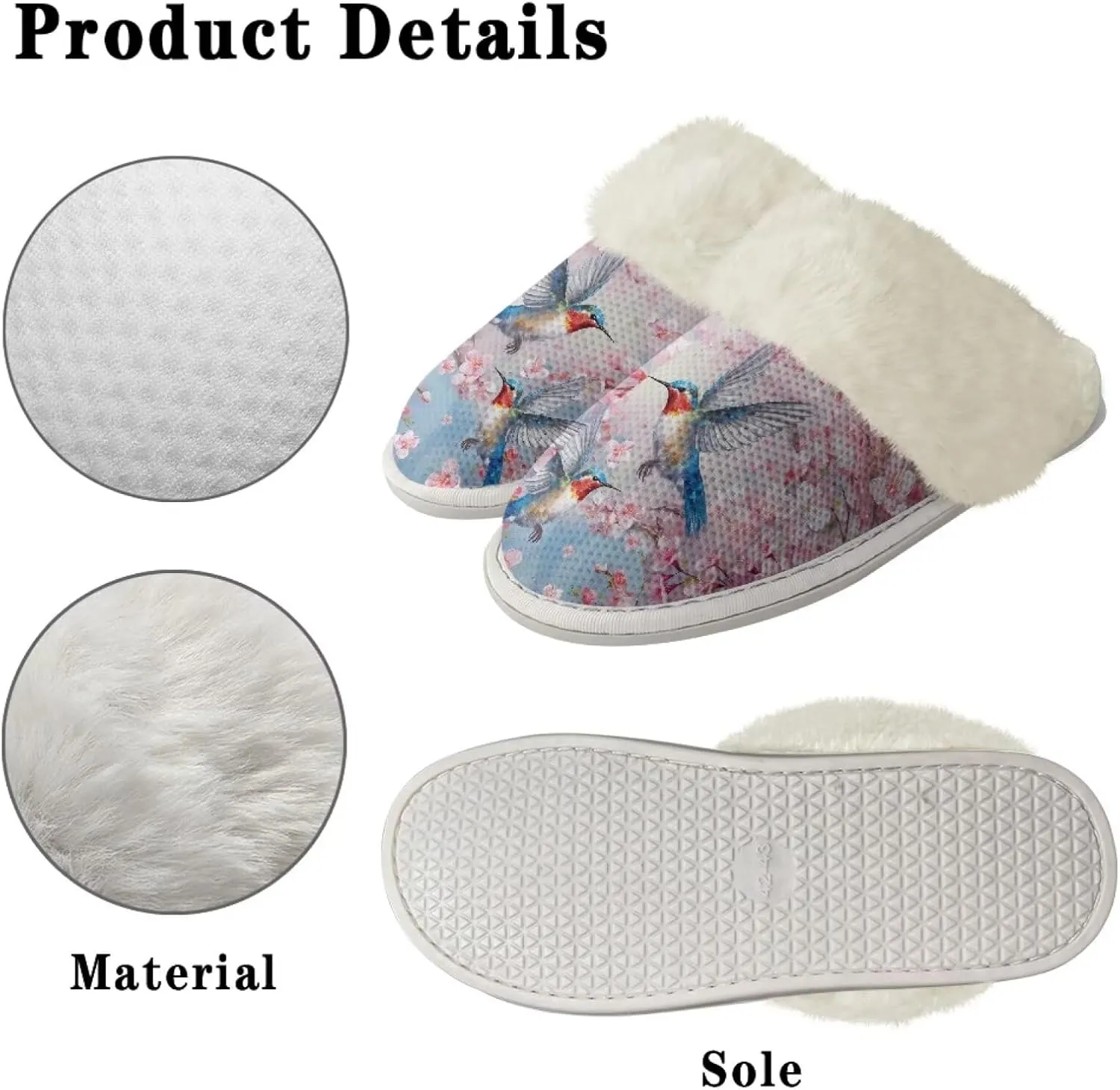 Hummingbird Birds Print Fuzzy Slippers for Women Warm House Home Slippers Slip-On Bedroom Shoes