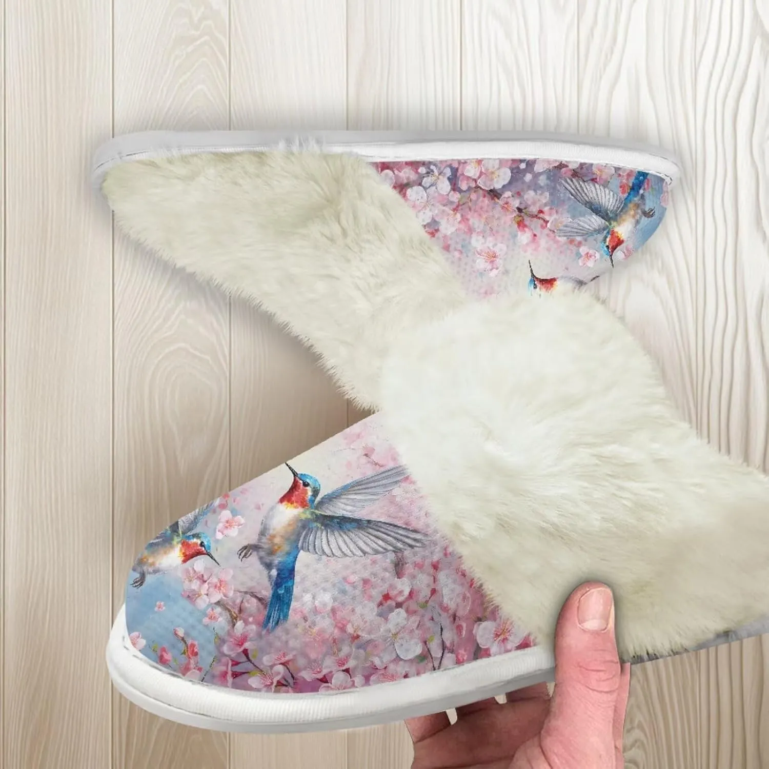 Hummingbird Birds Print Fuzzy Slippers for Women Warm House Home Slippers Slip-On Bedroom Shoes
