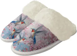 Hummingbird Birds Print Fuzzy Slippers for Women Warm House Home Slippers Slip-On Bedroom Shoes