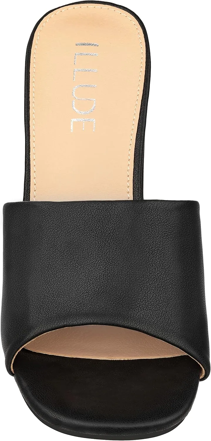 ILLUDE Women’s Block Heel Single Strap Square Toe Heeled Sandal Slip On Mule - Demi