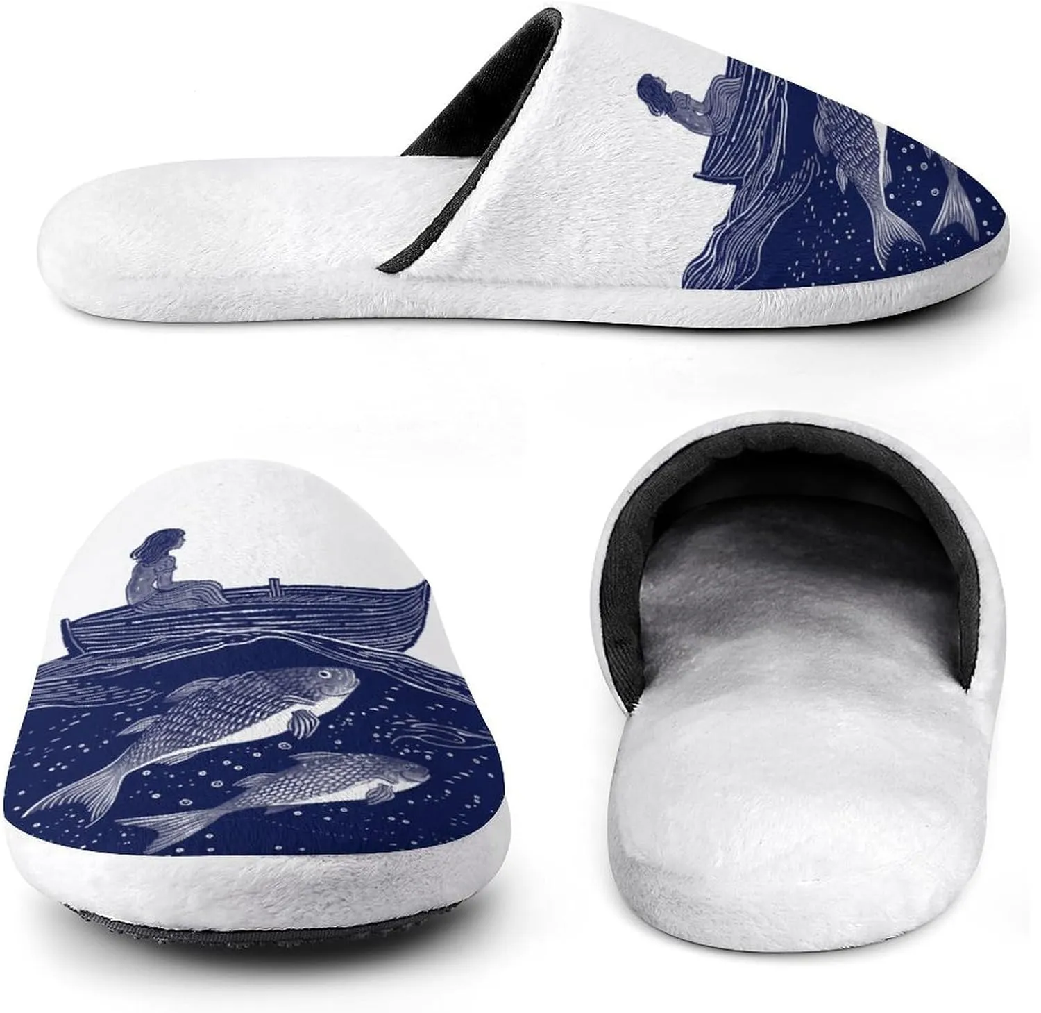 Indigo Boat Woman Fish Men's Slipper Non Slip Comfortable Winter Warm Home House Shoes Indoor Slippers