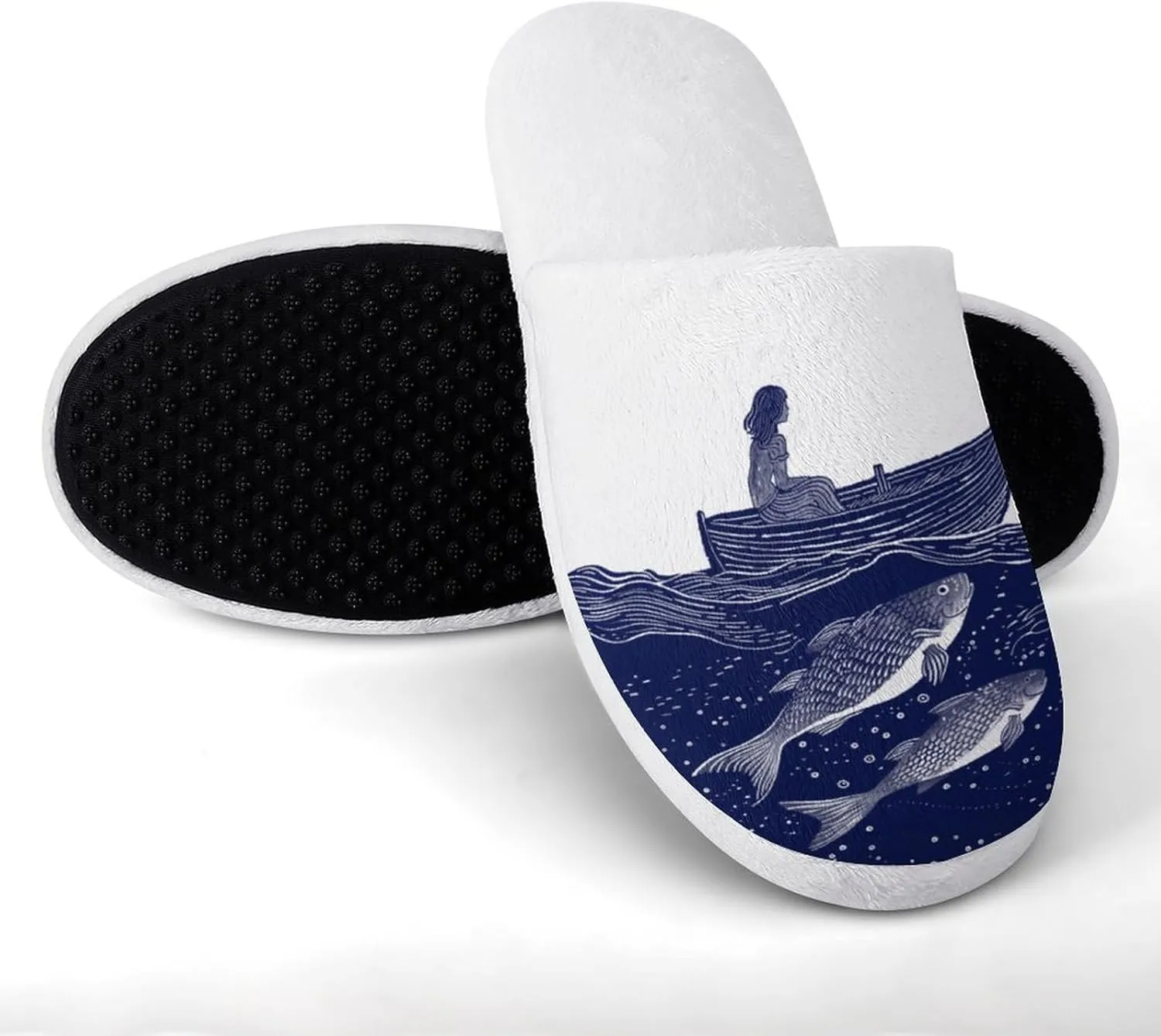 Indigo Boat Woman Fish Men's Slipper Non Slip Comfortable Winter Warm Home House Shoes Indoor Slippers