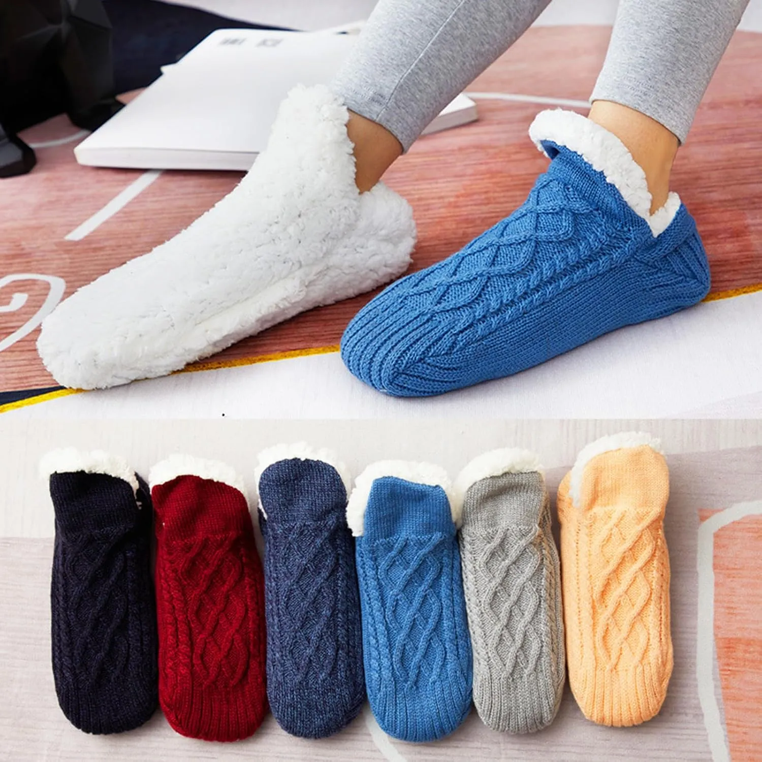 Indoor Non Slip Thermal Socks for Women & Men, Fleece-Lined Non-Slip Thermal Slippers Socks (Black Grey, 14-15)