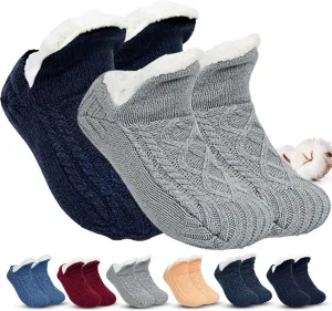 Indoor Non Slip Thermal Socks for Women & Men, Fleece-Lined Non-Slip Thermal Slippers Socks (Black Grey, 14-15)