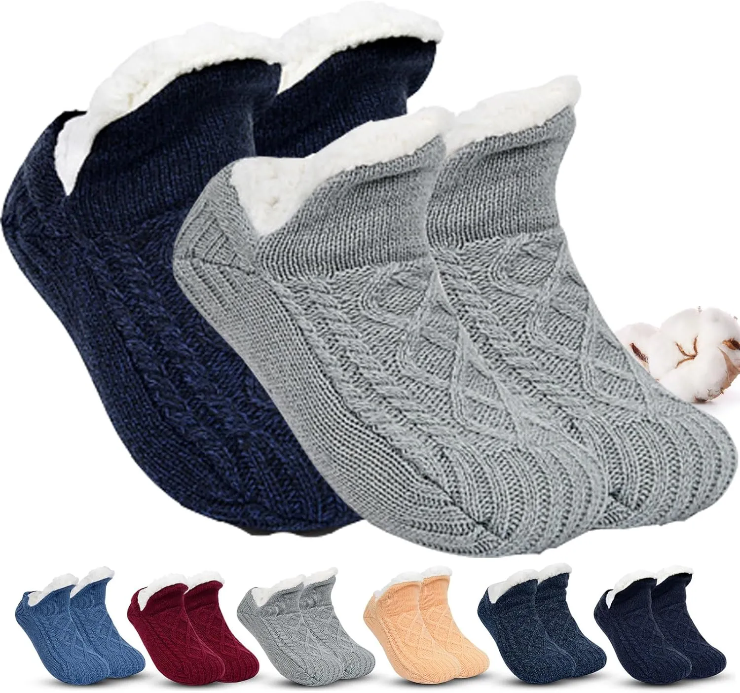 Indoor Non Slip Thermal Socks for Women & Men, Fleece-Lined Non-Slip Thermal Slippers Socks (Black Grey, 14-15)