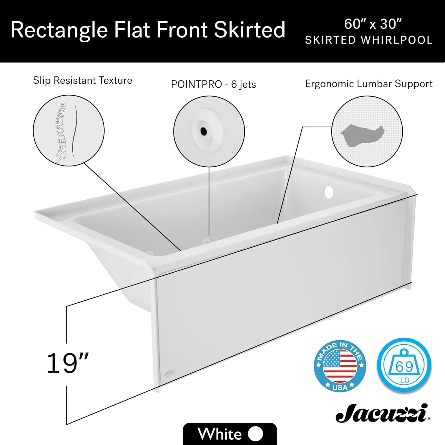 Jacuzzi SIGNATURE Acrylic Whirlpool Skirted Bathtub, Heater & Jet Massage Tub, Slip Resistant, Left Drain Placement, 60" (L) x 30" (W), Rectangle Flat Front, White