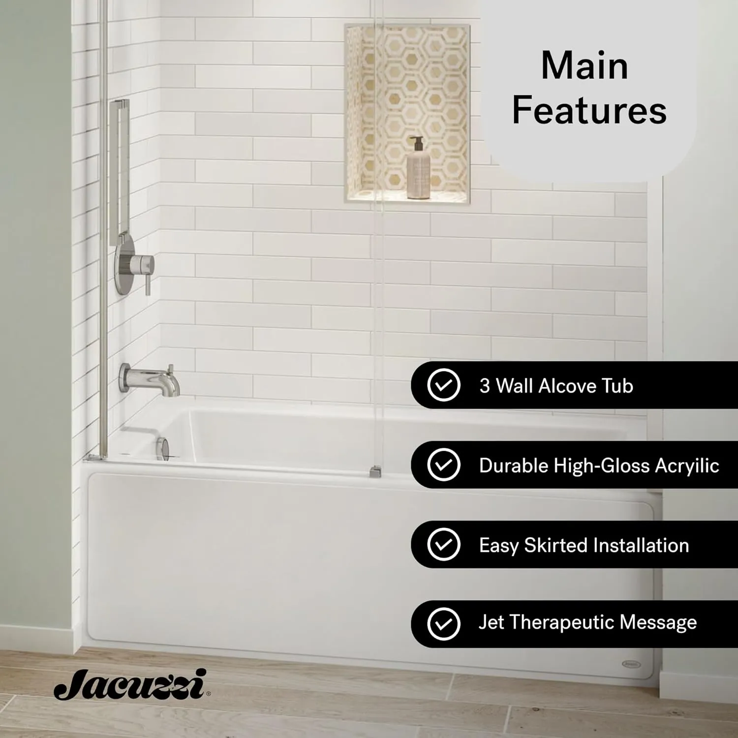 Jacuzzi SIGNATURE Acrylic Whirlpool Skirted Bathtub, Heater & Jet Massage Tub, Slip Resistant, Left Drain Placement, 60" (L) x 30" (W), Rectangle Flat Front, White