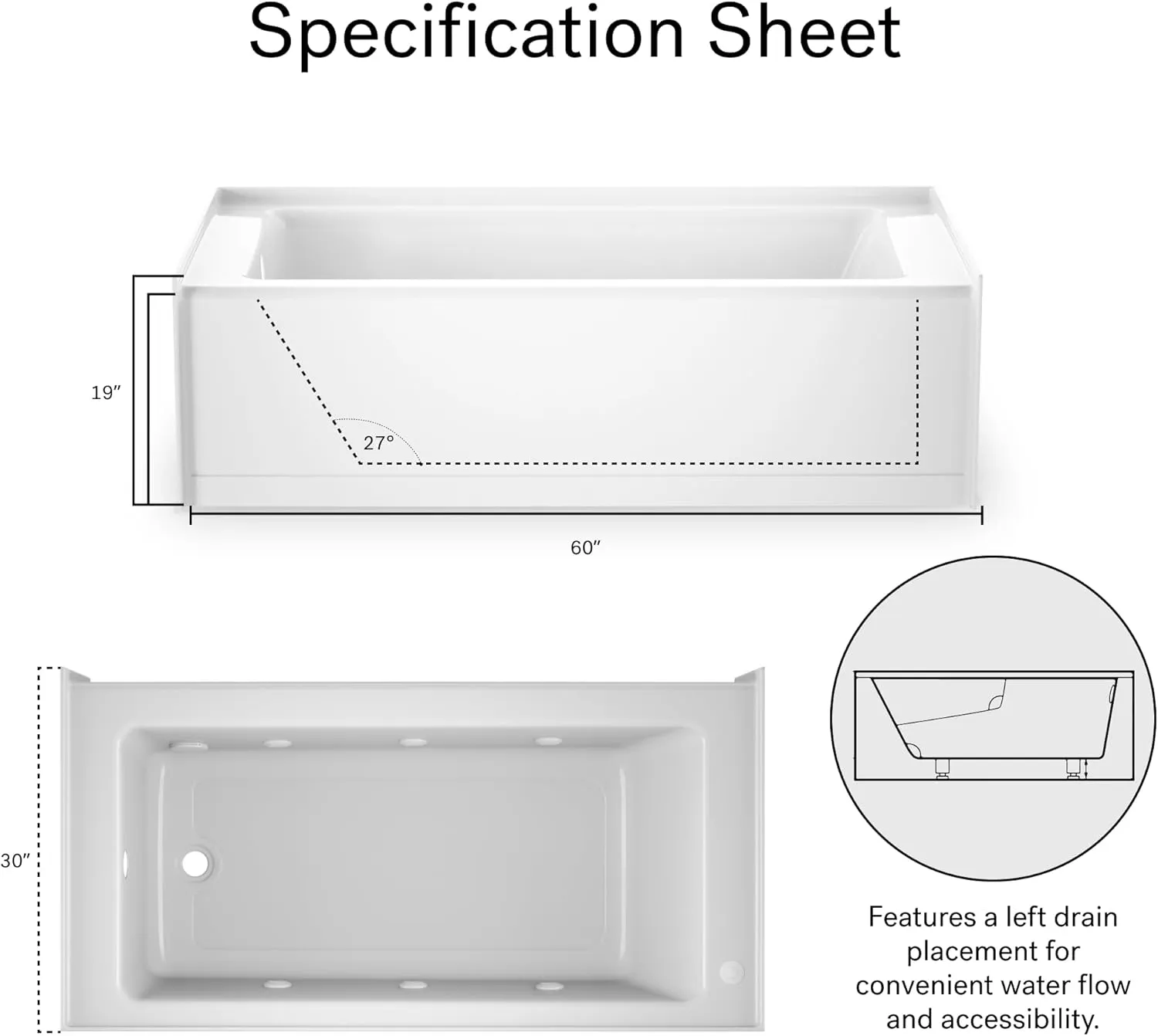 Jacuzzi SIGNATURE Acrylic Whirlpool Skirted Bathtub, Heater & Jet Massage Tub, Slip Resistant, Left Drain Placement, 60" (L) x 30" (W), Rectangle Flat Front, White