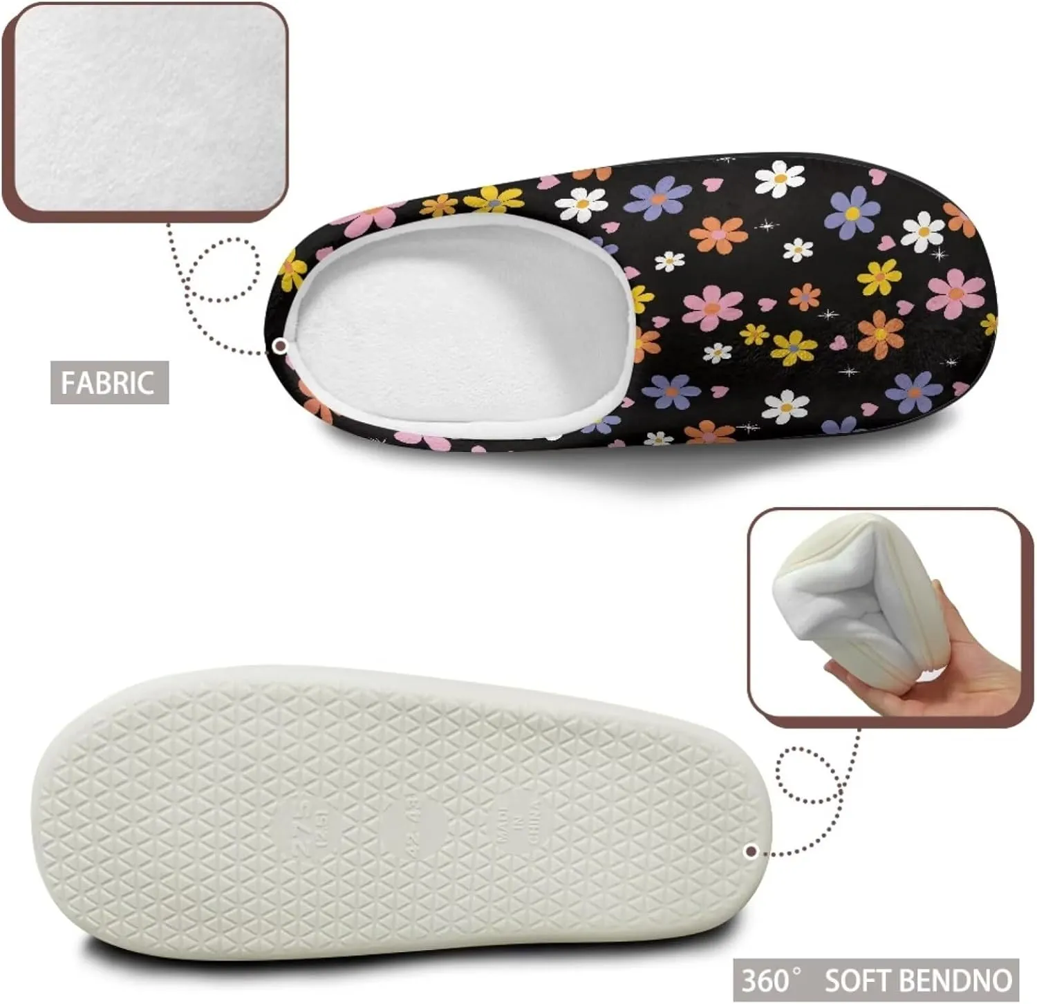 Jeiento Women's Indoor Bedroom Slipper Daisy Floral Soft Non Slip Closed Toe House Slippers