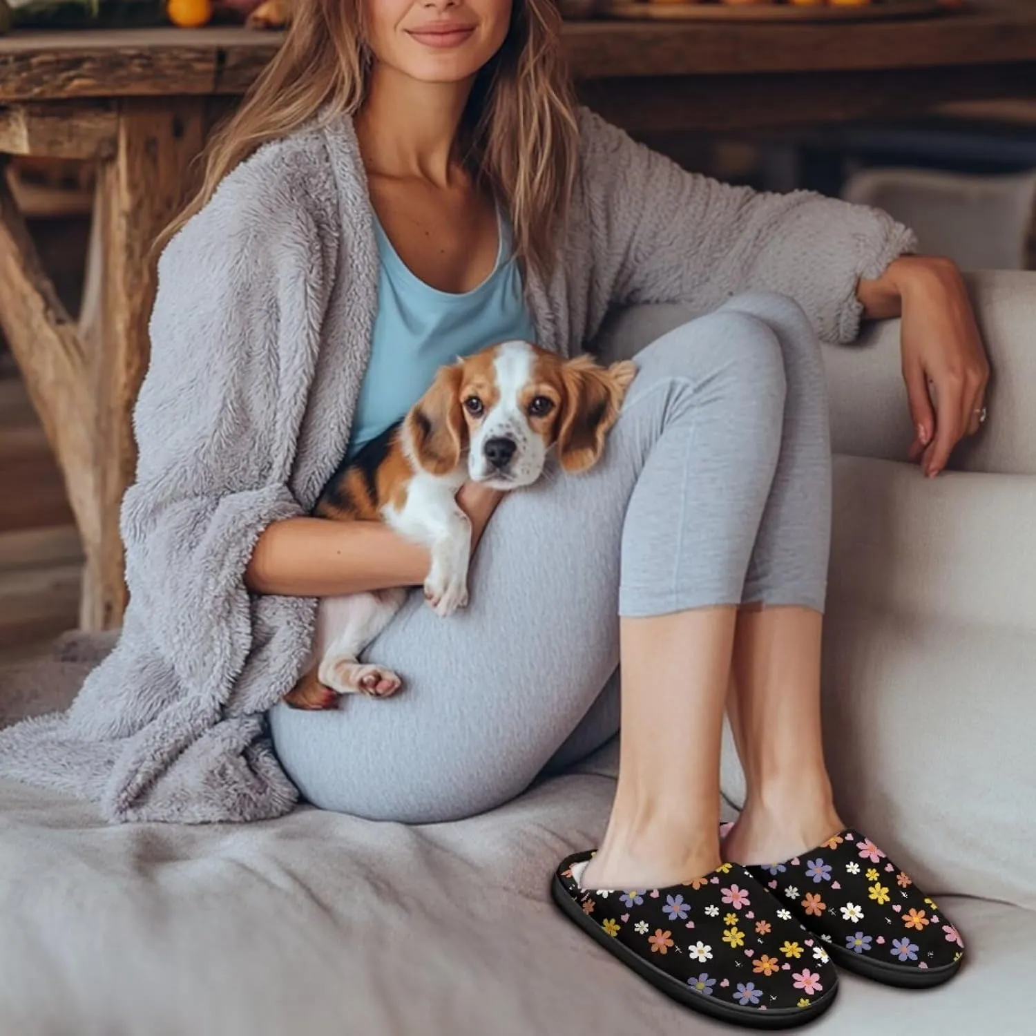 Jeiento Women's Indoor Bedroom Slipper Daisy Floral Soft Non Slip Closed Toe House Slippers
