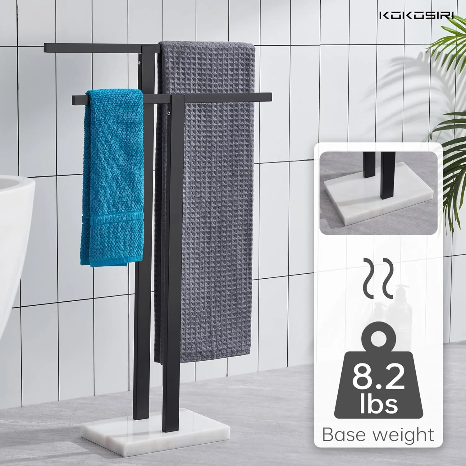 KOKOSIRI Bathroom Towel Rack 2-Tier Standing Towel Racks with Marble Base, Stainless Steel Freestanding Towel Bars, Thicken Steady Design, Matte Black THS0001-BK