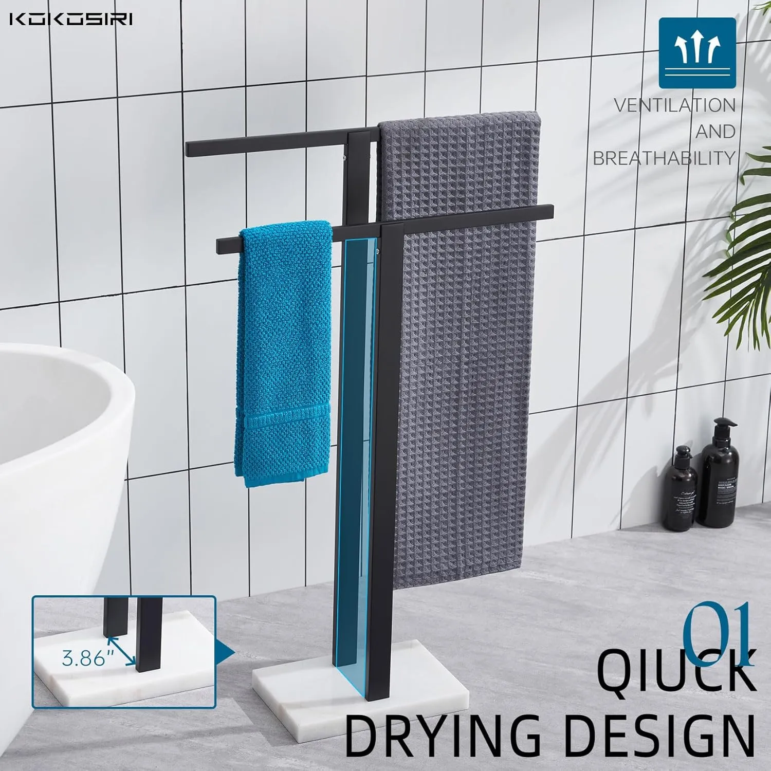 KOKOSIRI Bathroom Towel Rack 2-Tier Standing Towel Racks with Marble Base, Stainless Steel Freestanding Towel Bars, Thicken Steady Design, Matte Black THS0001-BK