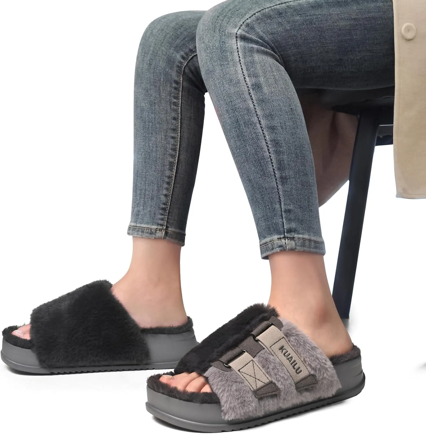 KuaiLu Women's Orthotic Slippers With Arch Support Soft Cushion Sandal Slippers for Woman Ladies Fashion Open Toe Faux Fur Platform Slipper Indoor Outdoor Size 6~12