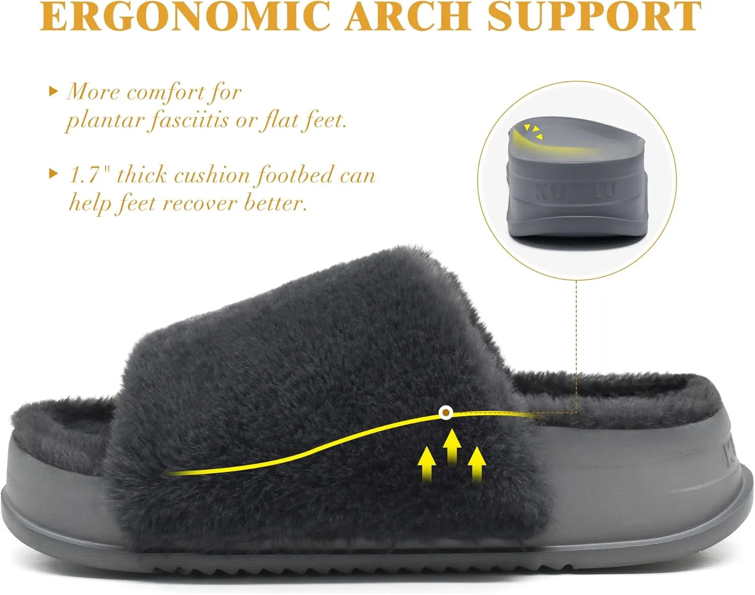 KuaiLu Women's Orthotic Slippers With Arch Support Soft Cushion Sandal Slippers for Woman Ladies Fashion Open Toe Faux Fur Platform Slipper Indoor Outdoor Size 6~12