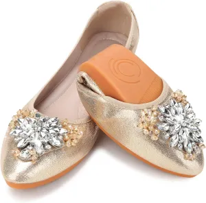 KUNWFNIX Women Ballet Flats Rhinestone Wedding Ballerina Shoes Foldable Sparkly Comfort Slip on Flat Shoes