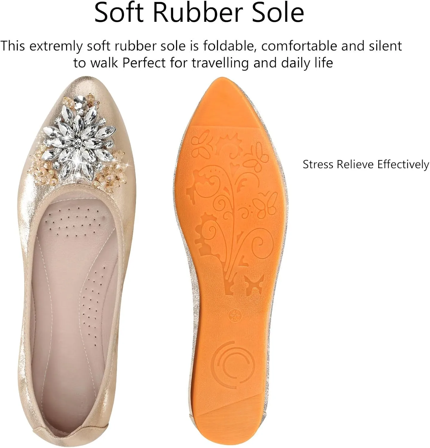 KUNWFNIX Women Ballet Flats Rhinestone Wedding Ballerina Shoes Foldable Sparkly Comfort Slip on Flat Shoes