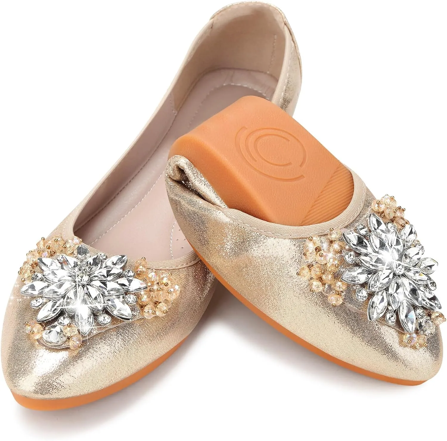 KUNWFNIX Women Ballet Flats Rhinestone Wedding Ballerina Shoes Foldable Sparkly Comfort Slip on Flat Shoes