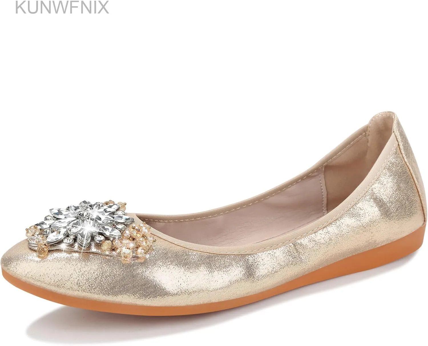 KUNWFNIX Women Ballet Flats Rhinestone Wedding Ballerina Shoes Foldable Sparkly Comfort Slip on Flat Shoes