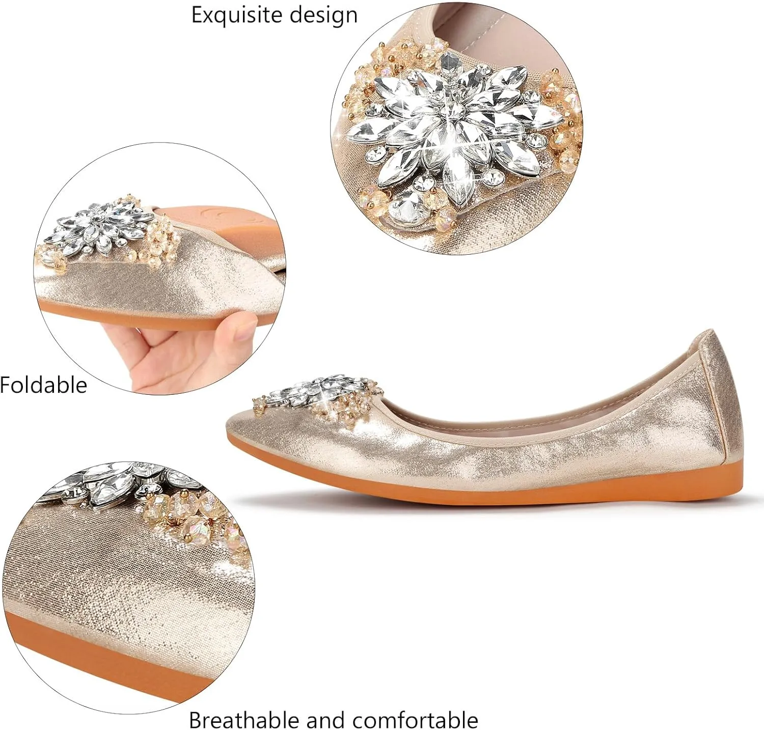 KUNWFNIX Women Ballet Flats Rhinestone Wedding Ballerina Shoes Foldable Sparkly Comfort Slip on Flat Shoes