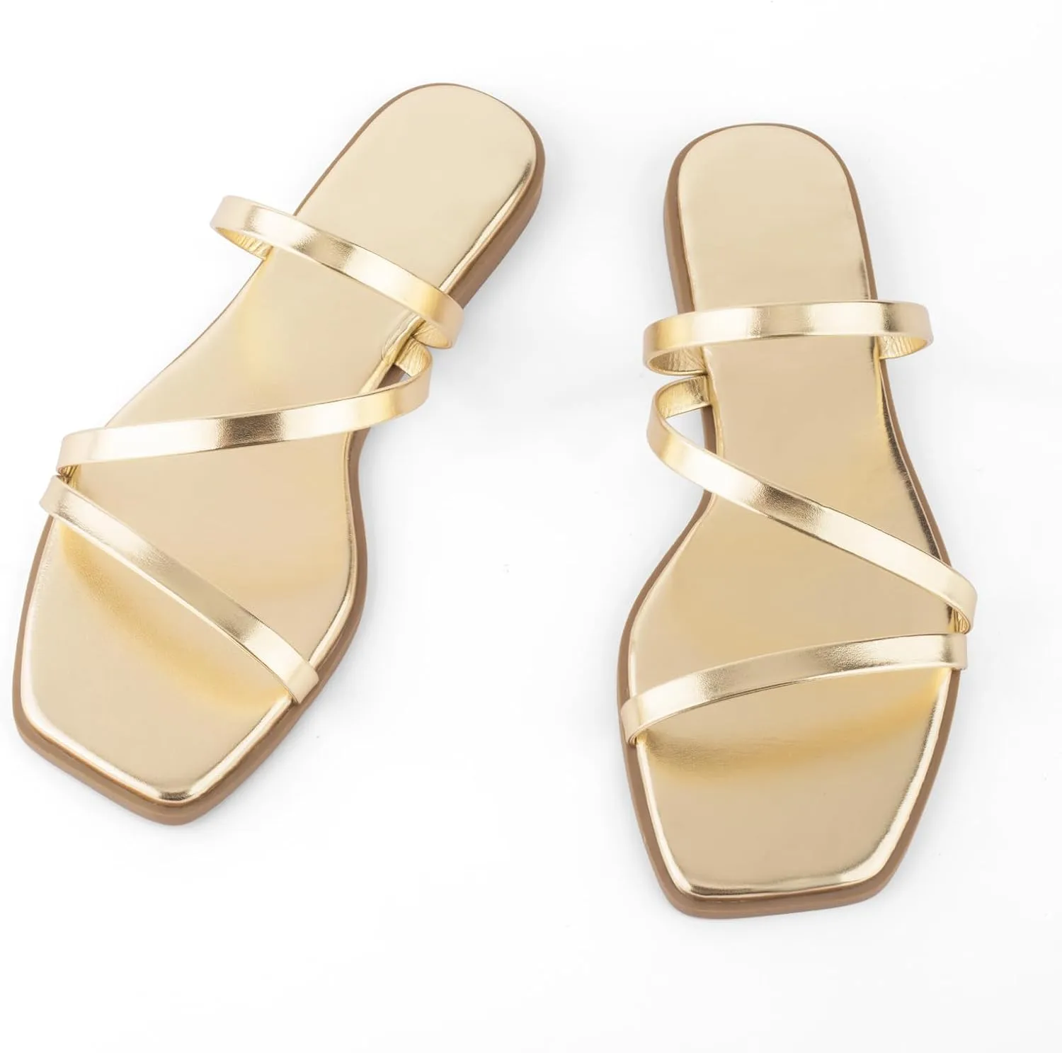 LACUONE Strappy Flat Sandals For Women Slip On Square Open Toe Slides Sandals