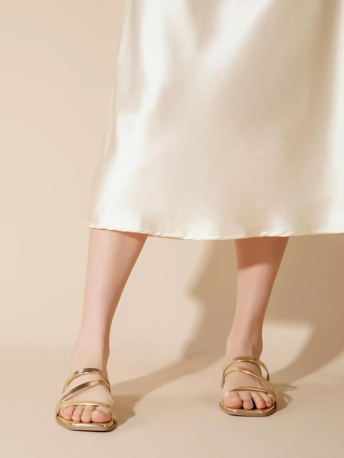 LACUONE Strappy Flat Sandals For Women Slip On Square Open Toe Slides Sandals