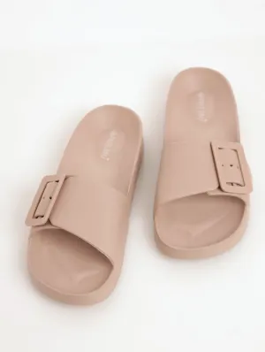 Ladies Moulded Slip-On Mule Sandal With Buckle - Sand