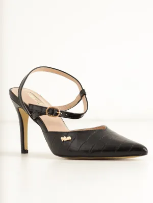 Ladies Reptile Pointed Toe Mule Heel - Black